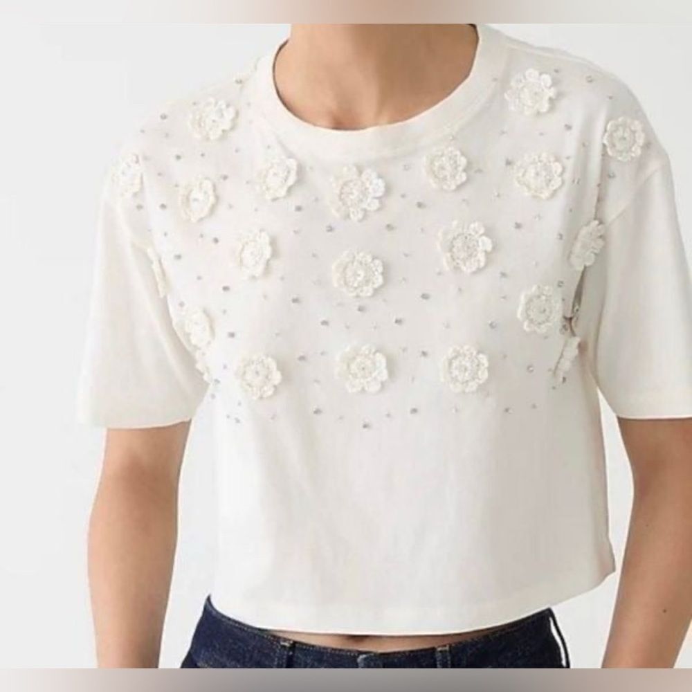 J.Crew Cropped T-shirt with crochet floral appliqués NWT Size S